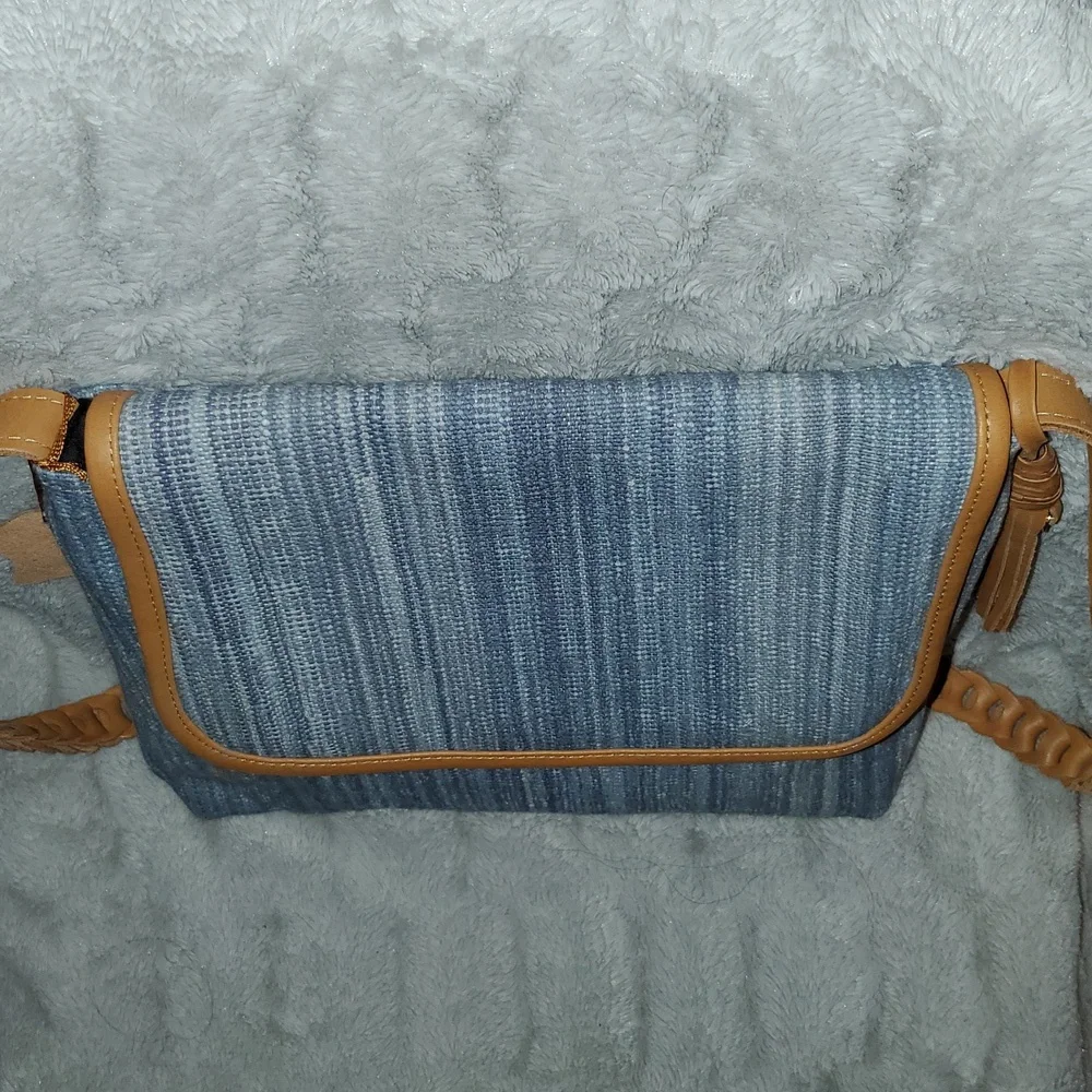 Denim Blue Woven Leather Trim Shoulder Crossbody Bag